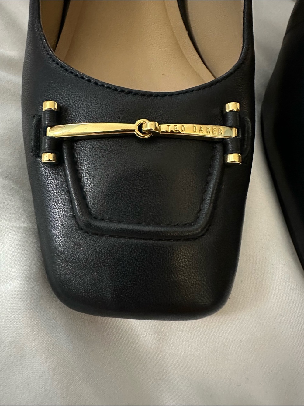 Ted Baker London Black Leather Slingback Block Heels with Gold Accent - Picture 3 of 9